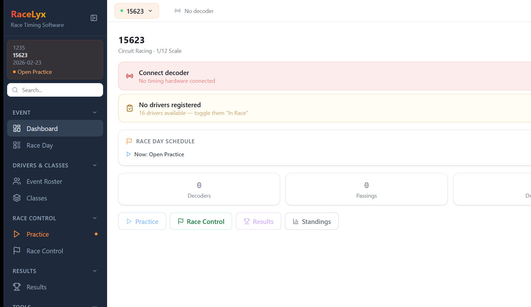 RaceLyx desktop app — event dashboard