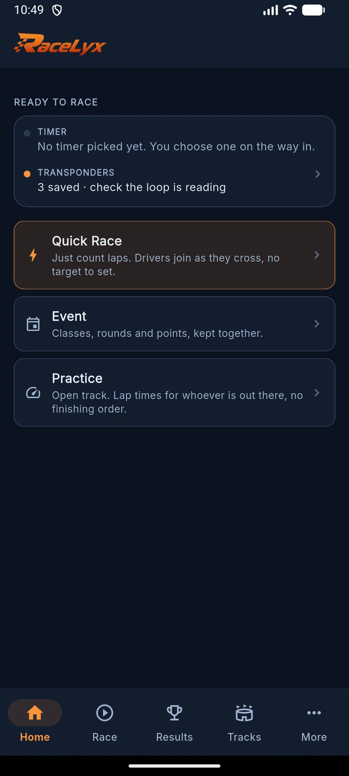 Home: the ready check, then Quick Race, Event or Practice