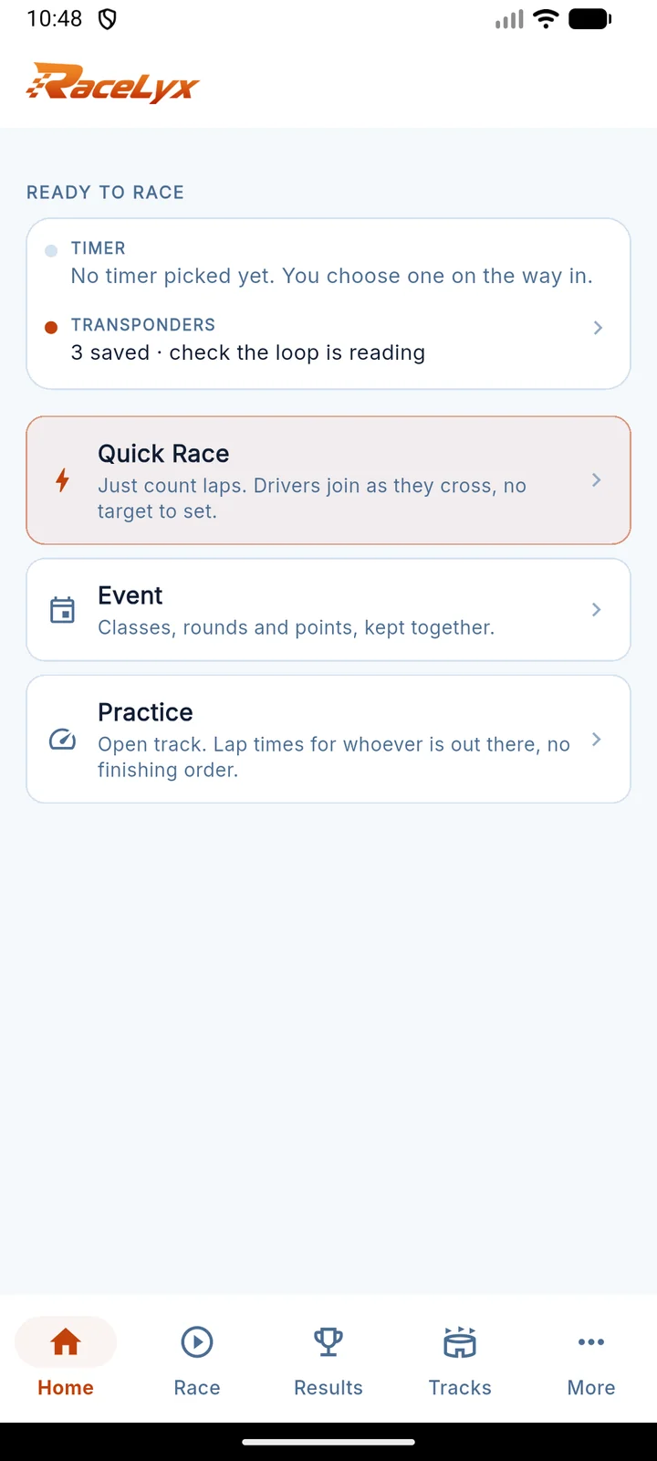 Home: the ready check, then Quick Race, Event or Practice