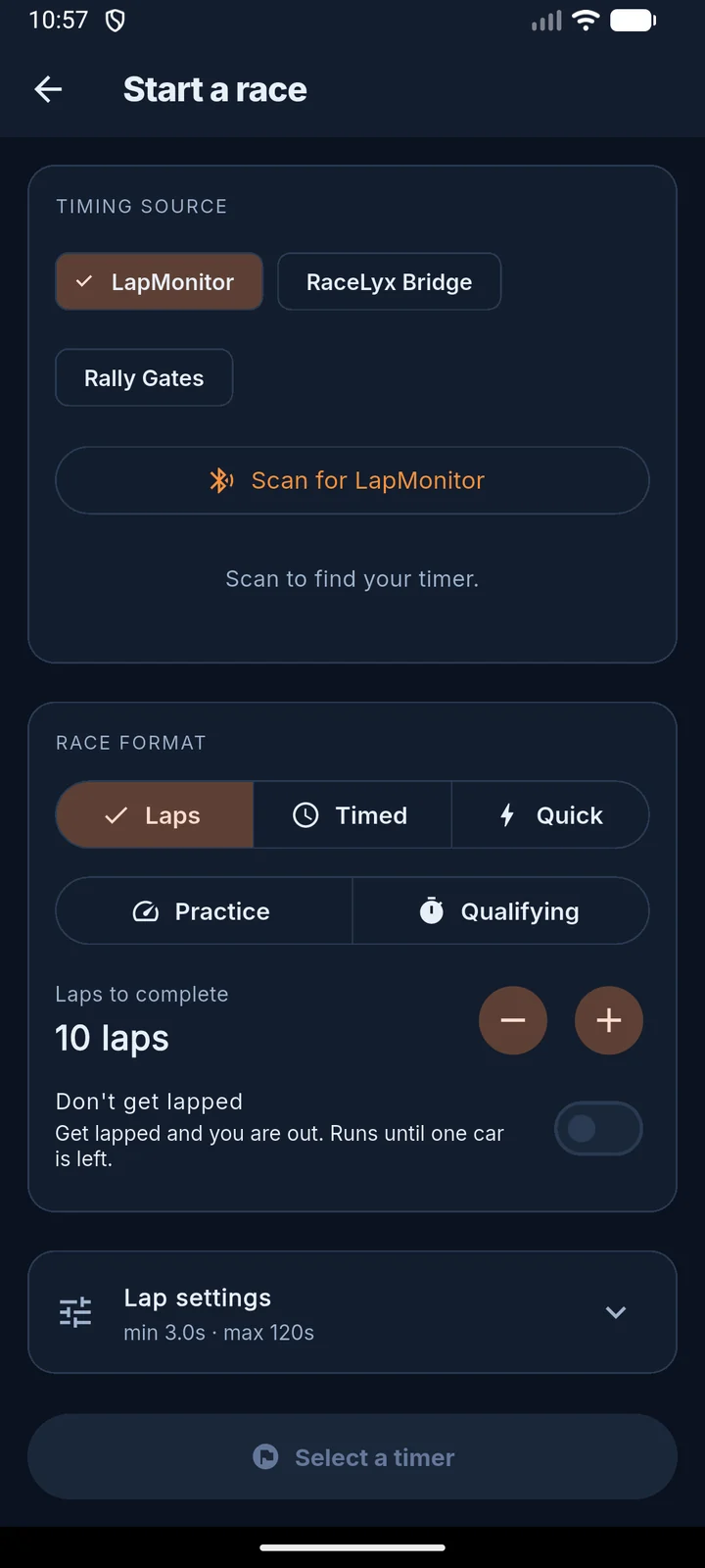 Setting up a race to a lap count
