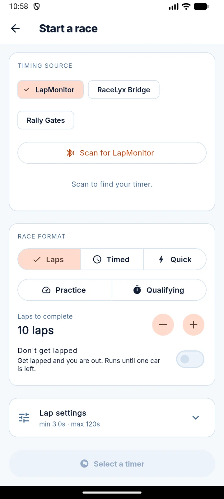 Setting up a race to a lap count