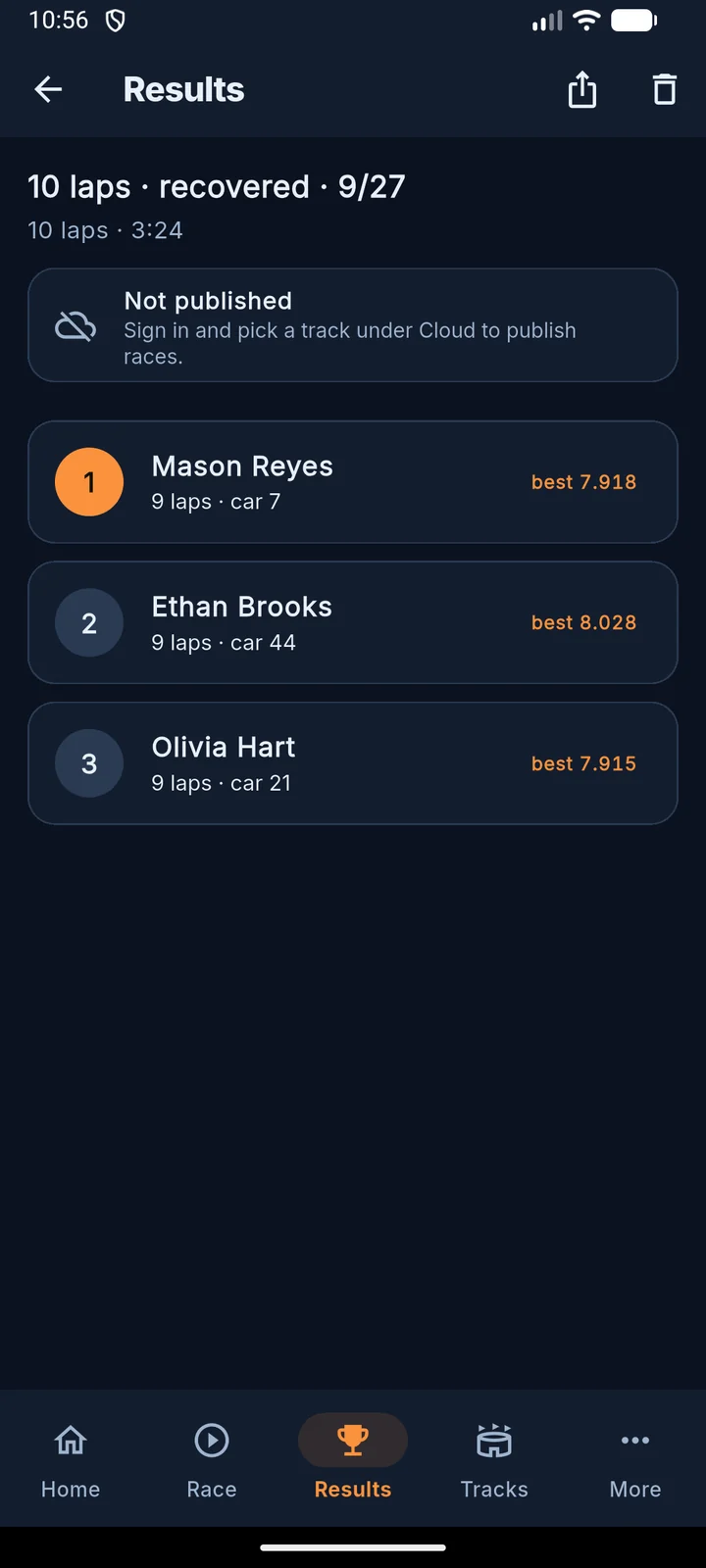 A saved race on the RaceLyx Android app