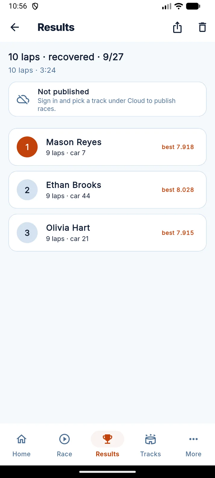 A saved race on the RaceLyx Android app