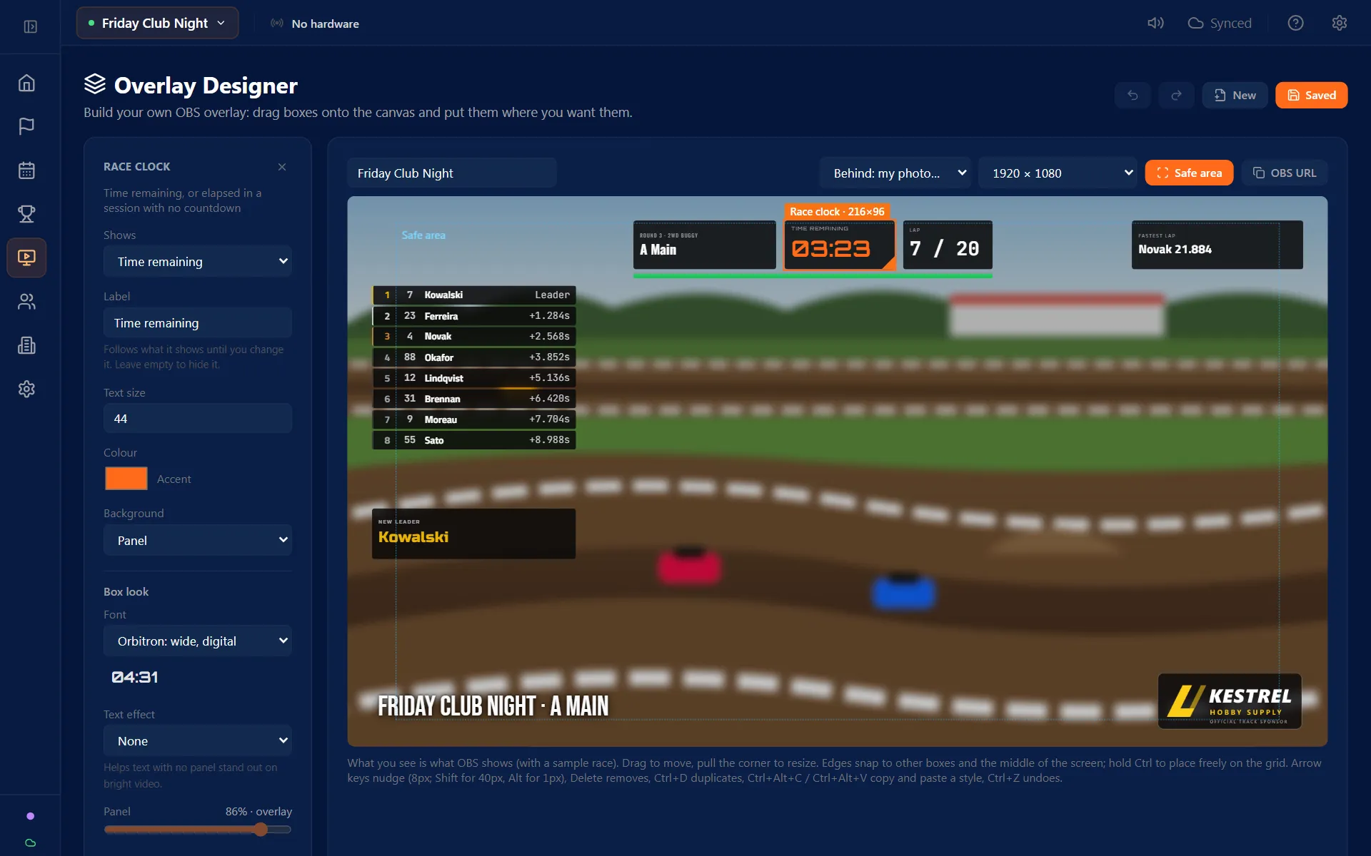 The RaceLyx Overlay Designer with a custom leaderboard, race clock and flag bar on the canvas