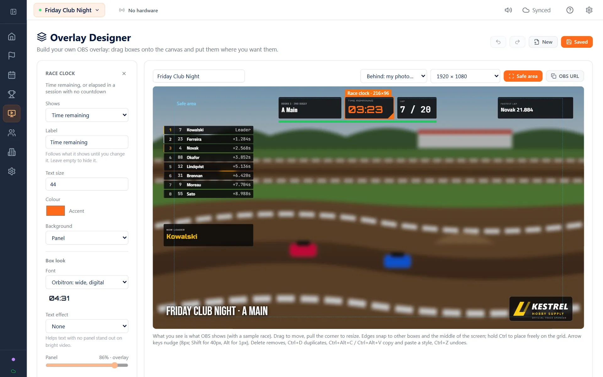The RaceLyx Overlay Designer with a custom leaderboard, race clock and flag bar on the canvas