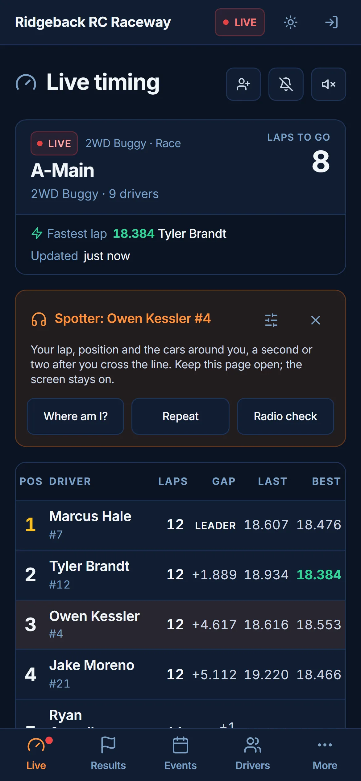 LyxSpotter on a phone, calling one driver's race from the track's live timing